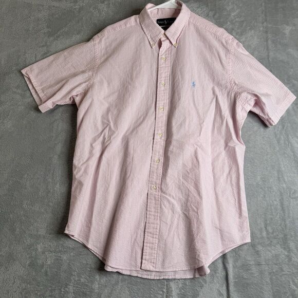 Ralph Lauren Shirt Men XL Pink Striped Pony Short Sleeve Seersucker Button Up - Picture 1 of 9
